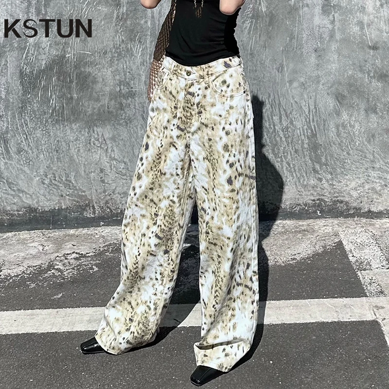 

KSTUN Американские винтажные потертые джинсы с леопардовым принтом Женские широкие джинсы Женские стильные мешковатые брюки в стиле хип-хоп Горячие девушки