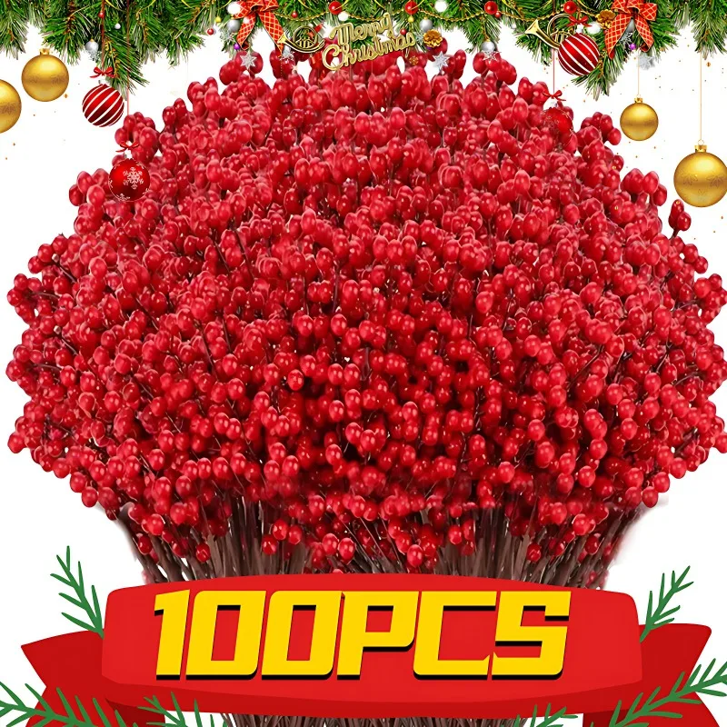 Simulation Red Berry Artificial Christmas Wealth Fruit Branches for Xmas Tree Party Home Table Ornaments Red Fruit Wreath Decor