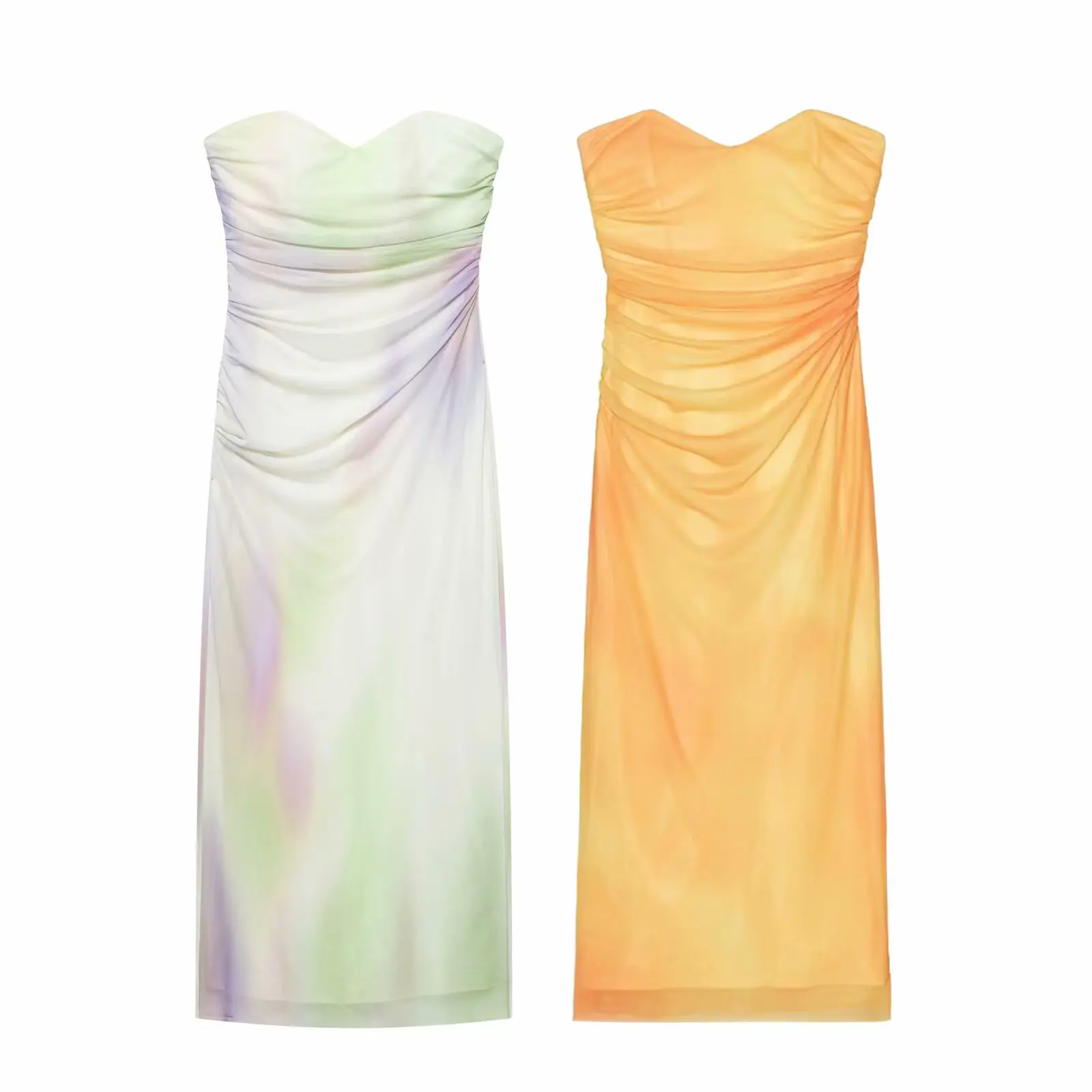 

2025 New Women's Clothing European and American Style Printed Tulle Bandeau Off-shoulder Slim Fit Dress