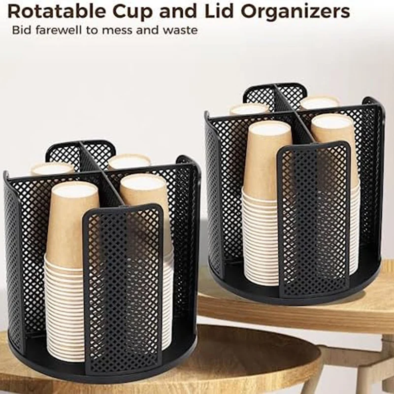 2Pcs Rotatable Cup And Lid Organizer Paper Cup Storage Holder With 4 Compartments For Countertop