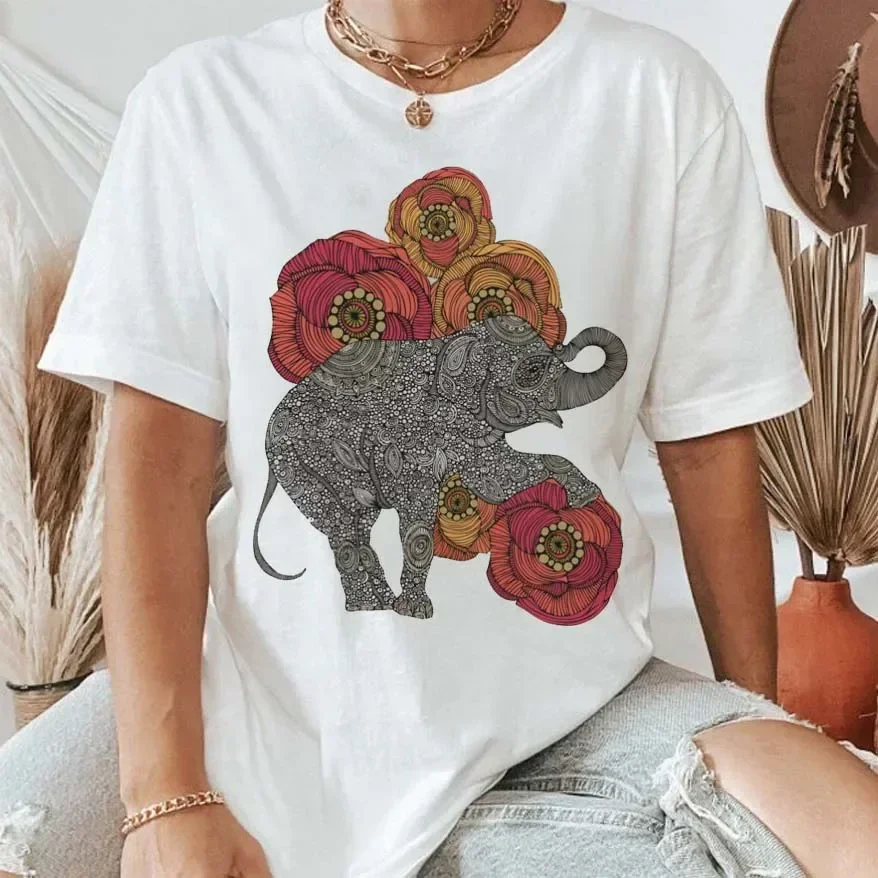 Summer Fashion Women\'s T Shirt Cute Elephant Flowers Graphic Top Harajuku Vintage Cotton Short Sleeve Kawaii Funny Tee Streetwea