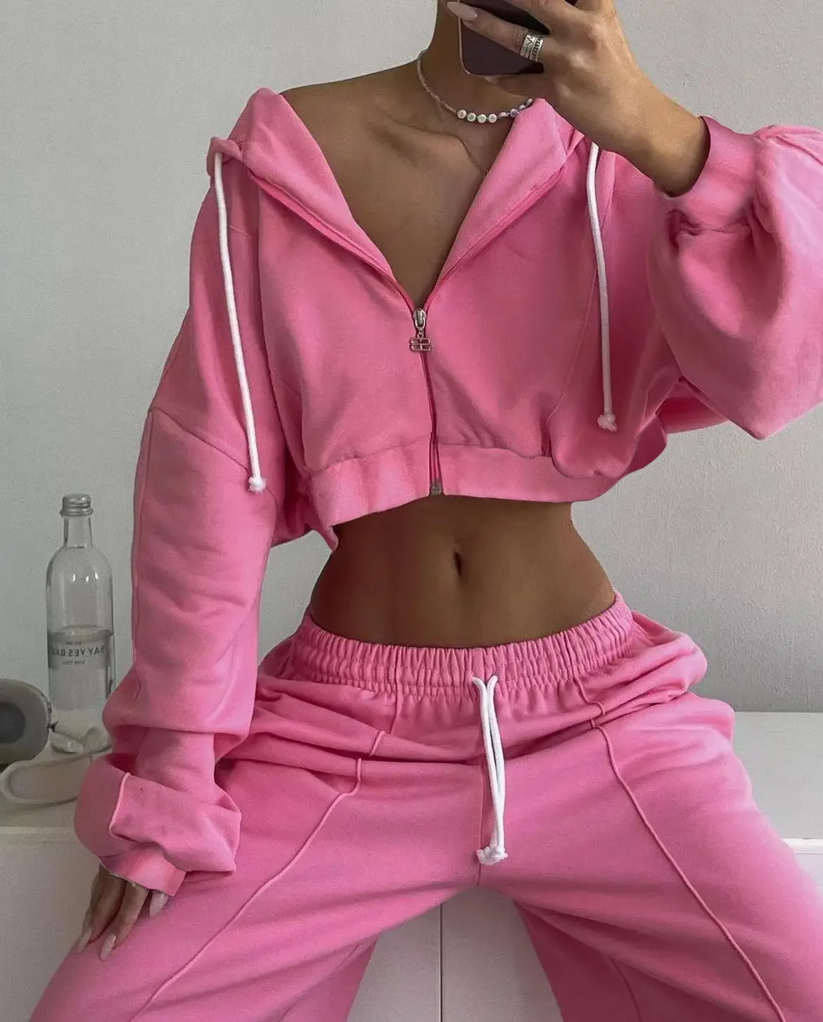 Women Tracksuit Solid Knitted 2 Piece Sets Long Sleeve Zipper Hooded Sweater Jackets Crop Top Oversize Street Hoodie Pants Sets