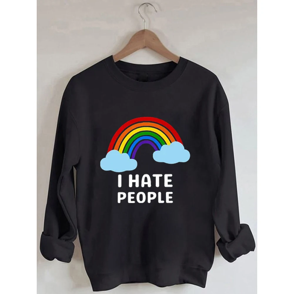 

Rheaclots Women's I HATE PEOPLE Rainbow Printed Cotton Female Cute Long Sleeves Sweatshirt