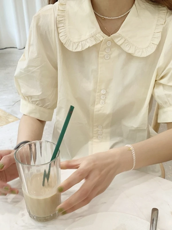 

French Style Bubble Sleeve Shirt Women's Summer Thin Design Loose Slimming Doll Collar Short Sleeve Top Elegant Fashionable