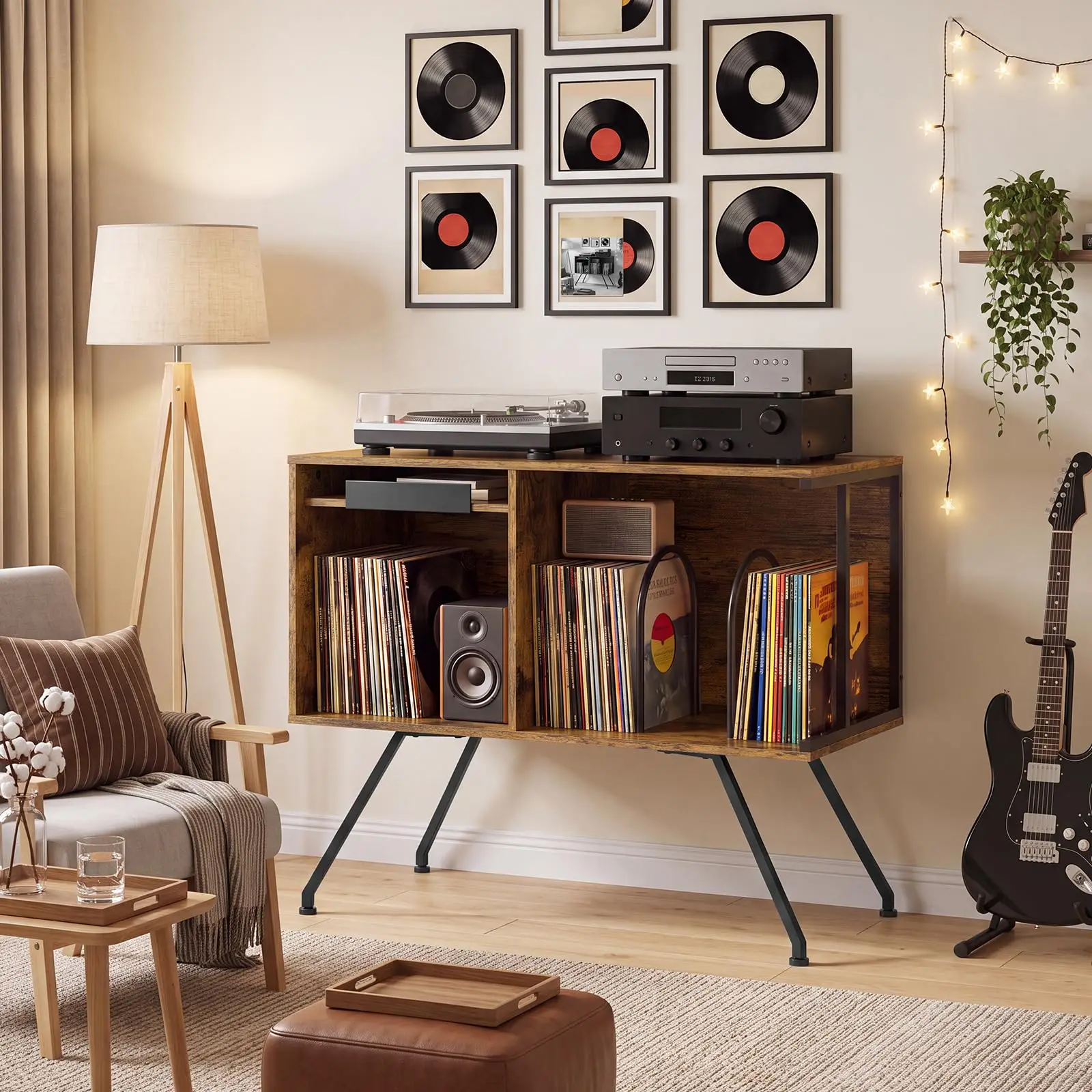 31.5in Record Player Stand With Storage, Flip Top Vinyl Record Cabinet For 150+ Albums, Turntable Table With Dividers