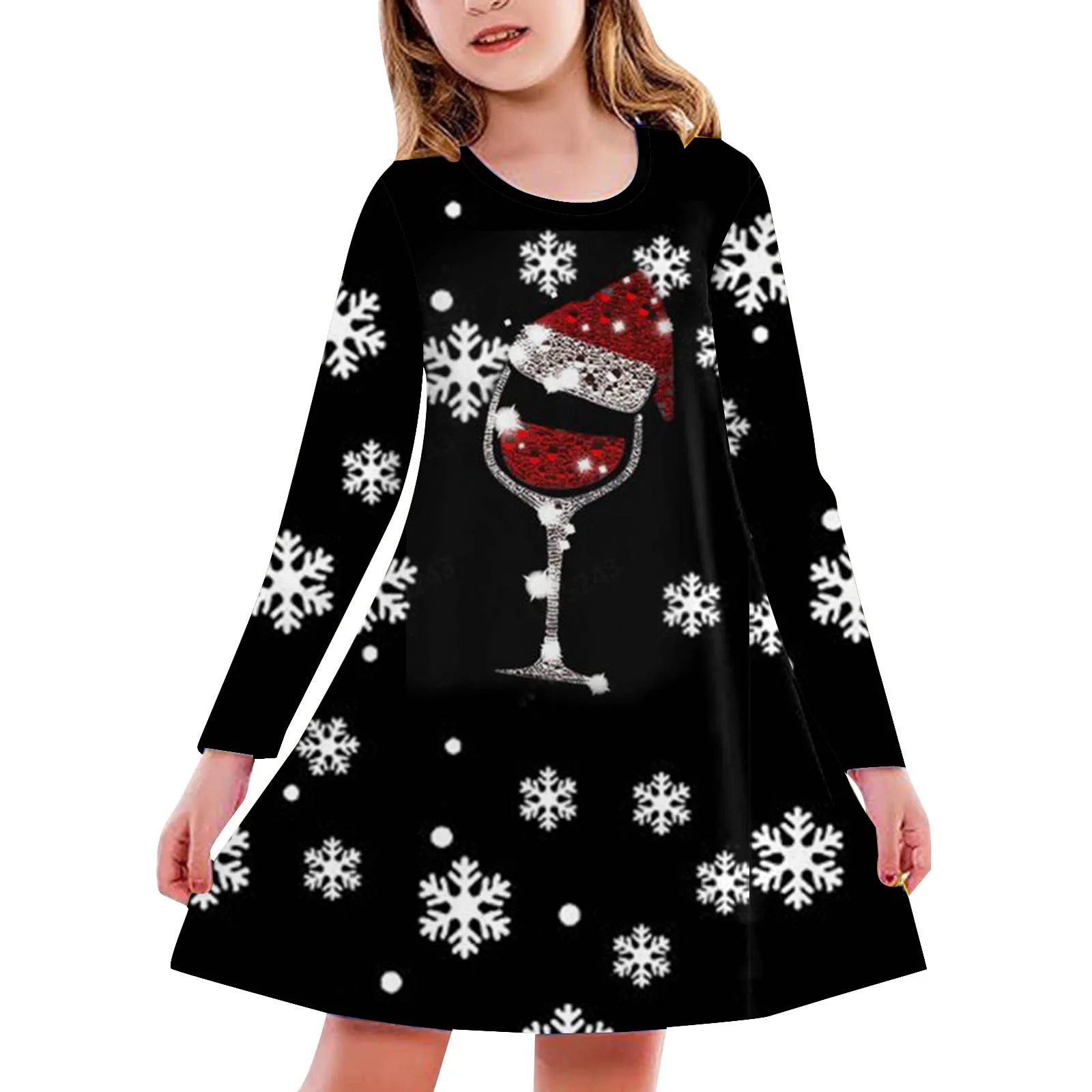 Kids Toddler Baby Girls Spring Autumn Print Christmas Ruffle Long Sleeve Dress Kids Outfit