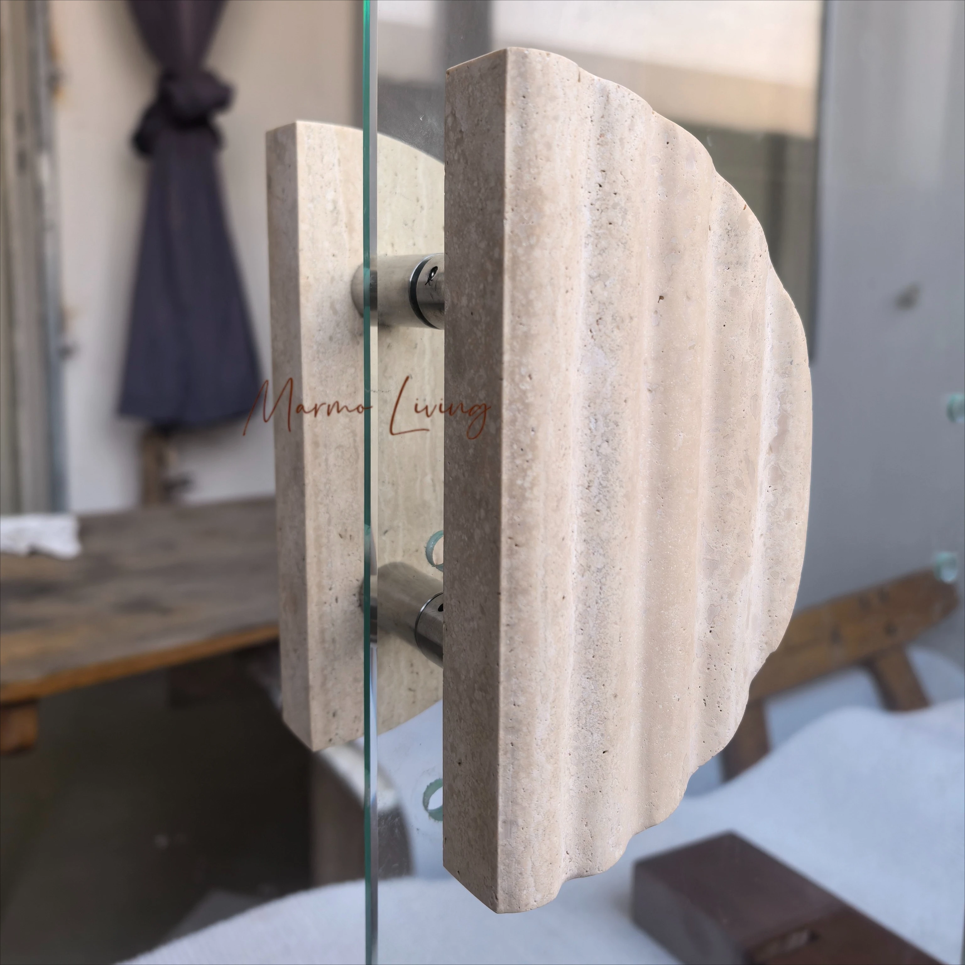 Natural Marble Door Handle Wabi Sabi Travertine Stone Pull for Shop Glass Door Wardrobe Shower Room