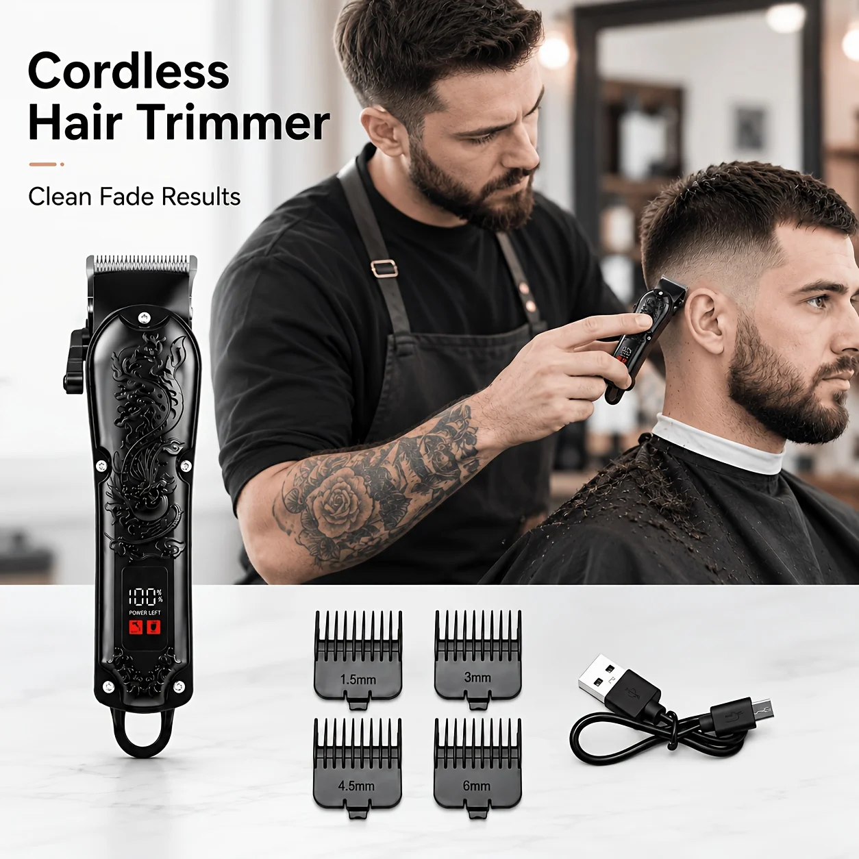 1Pc Hair Clipper Men's Electric Hair Clipper with Type-C Charging, Led Digital Power Display, Includes 4 Guide Combs 1.5/3/4.5/6mm, Multi-Level Length Adjustment, Four-Level Blade Head Fine Adjustment, Portable Home Self-Haircut Tool, Suitable for Daily Hair Trimming for Adults