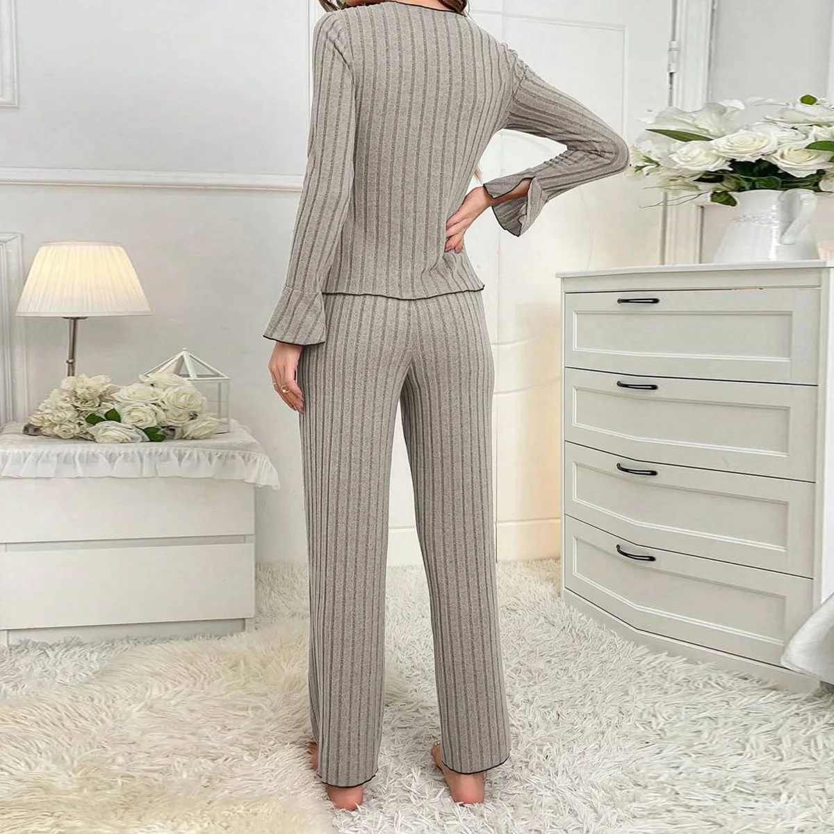 Sexy Women\'s Ribbed Pajamas Set Autumn Black Long Sleeve Top And Long Pants Sleepwear 2 Piece Set For Casual Home Elastic