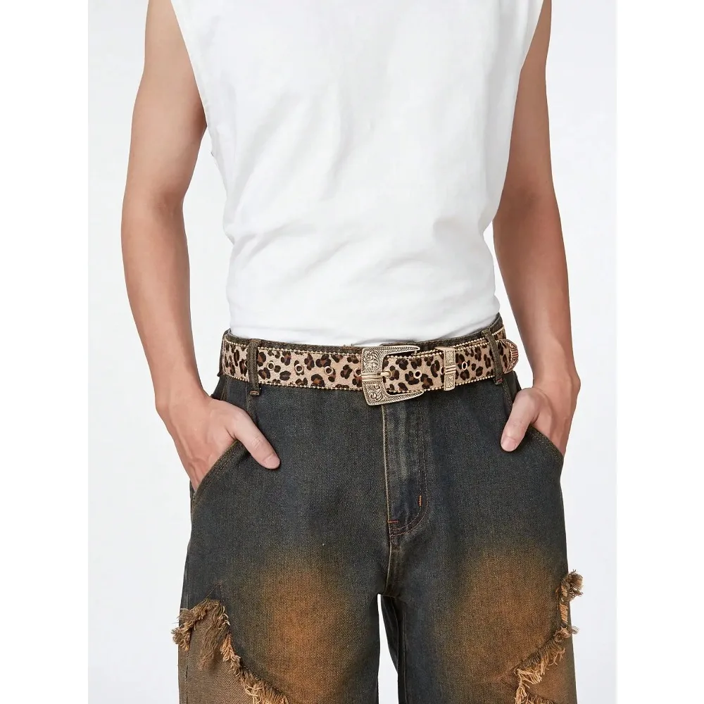 

Мужской ремень с леопардовым принтом, винтажный, с металлической пряжкой и жемчужной отделкой, универсальный, для повседневной носки, на Хэллоуин, 1 шт.