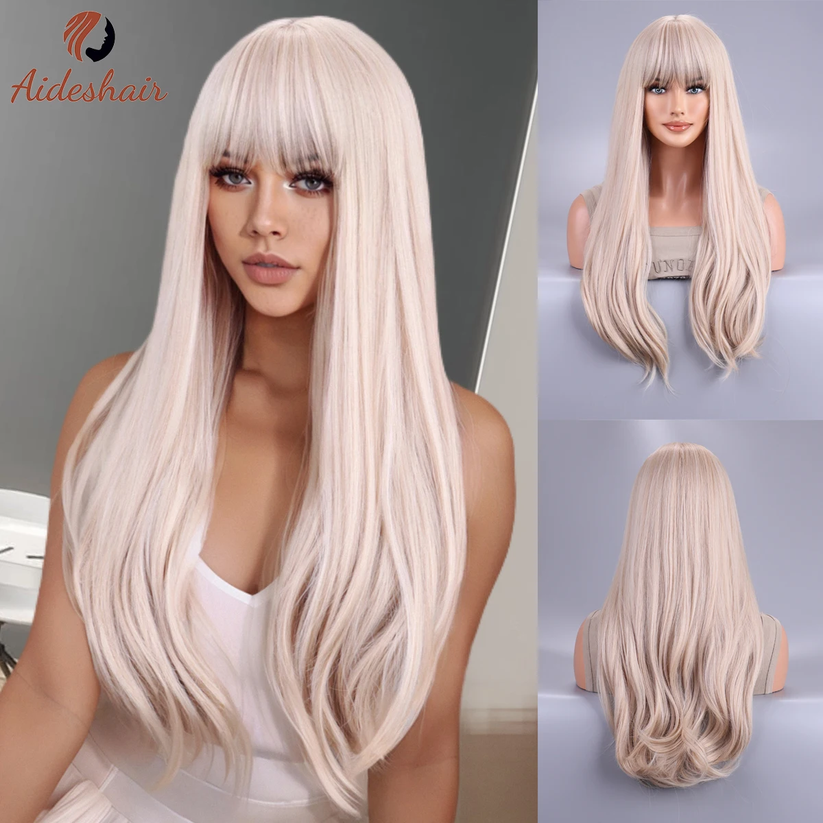 

Silver ash Wavy wig with bangs Heat resistant fiber synthetic wig for women Everyday Cosplay (28 inches)