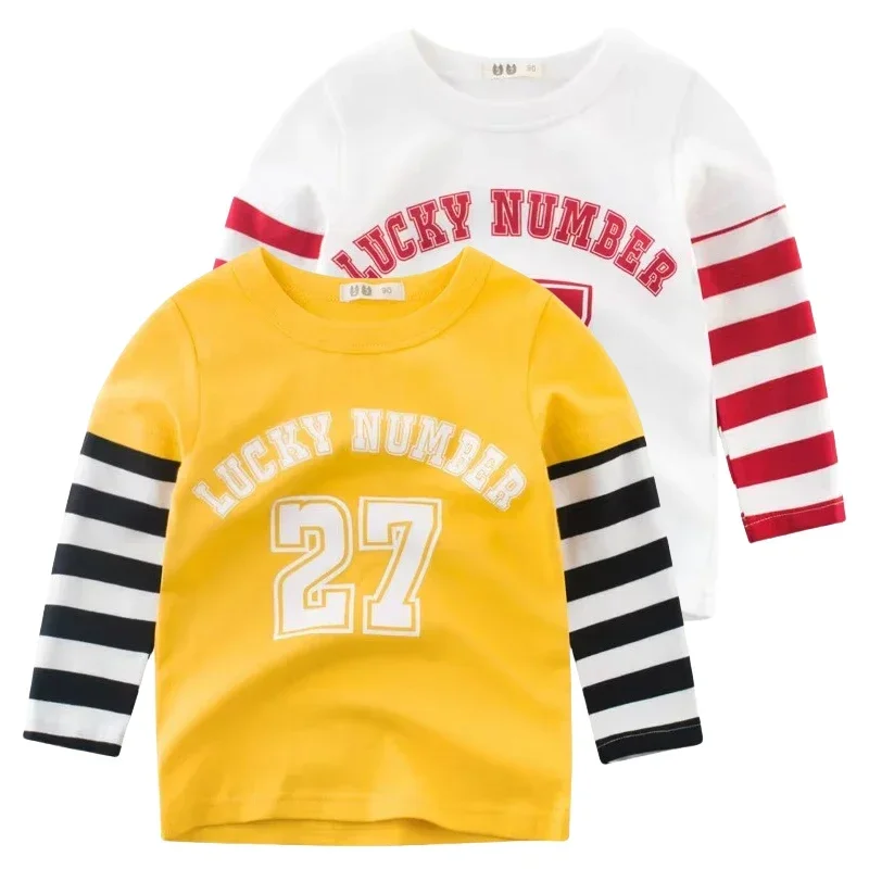 

2025 Spring New Letters Print T Shirt Boys Kids Tops Casual Striped Long Sleeve O-Neck Bottoming Shirt Children's Clothing 2-9Y