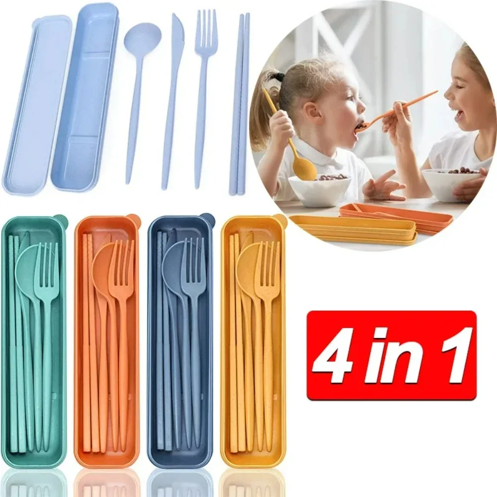 

4Pcs Portable Tableware Set 4 In 1 Wheat Straw Dinnerware Cutlery Travel Tableware Picnic Dinnerware Camping Cutlery Set