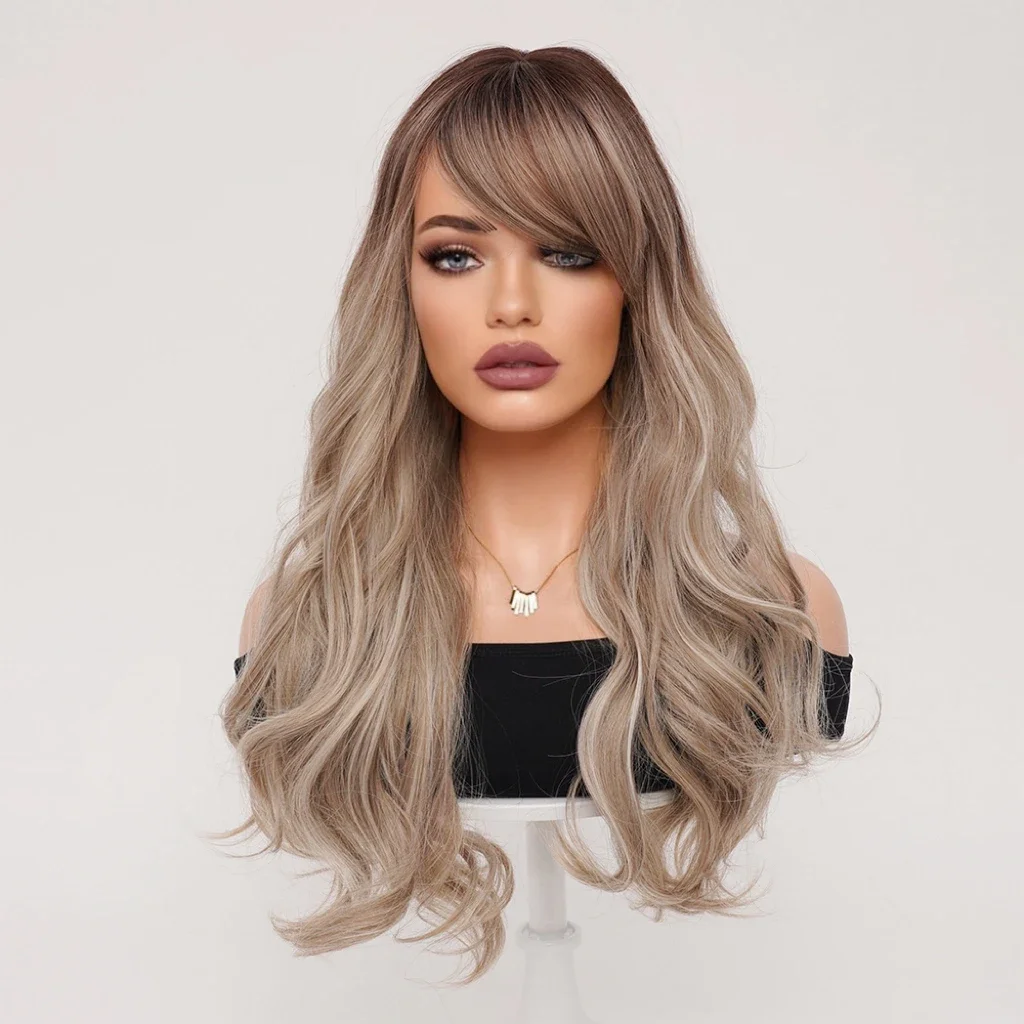 Fashionable Long Curly Hairstyle Synthetic 24 Inch Brown Ombre Platinum Curly Wavy Hair Middle Part Wig