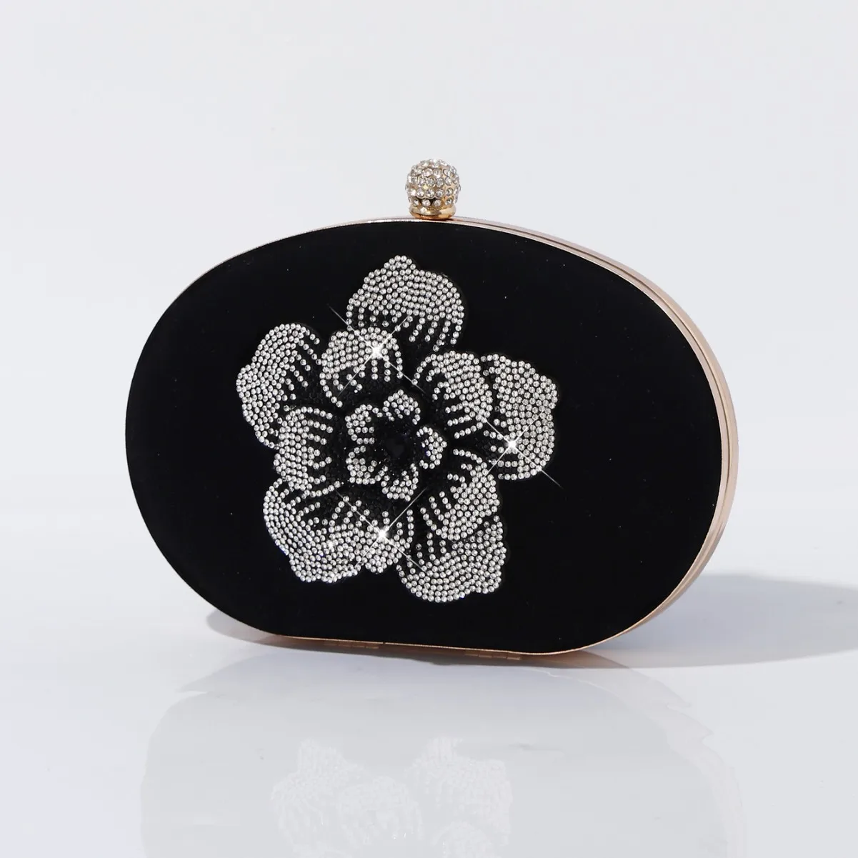 

Fashion Fine Rhinestone Flower Evening Bags For Women Retro Black Velvet Oval Small Clutch Handbags Chain Shoulder Bag female