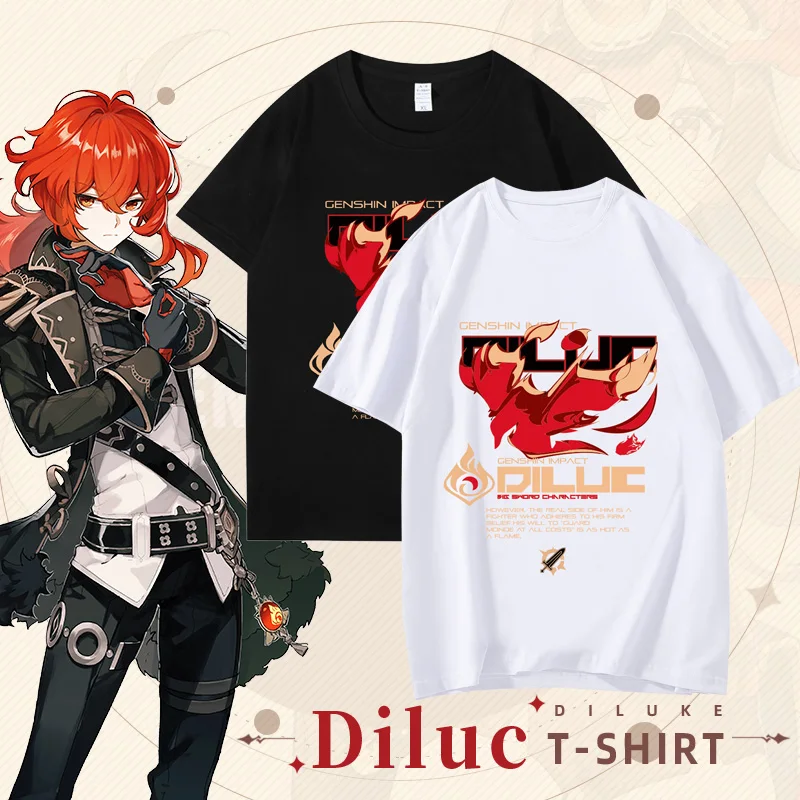 

Anime Genshin Impact Cosplay Diluc Ragnvindr Short-sleeved T-shirt 100% Cotton Men Women Black T-shirts