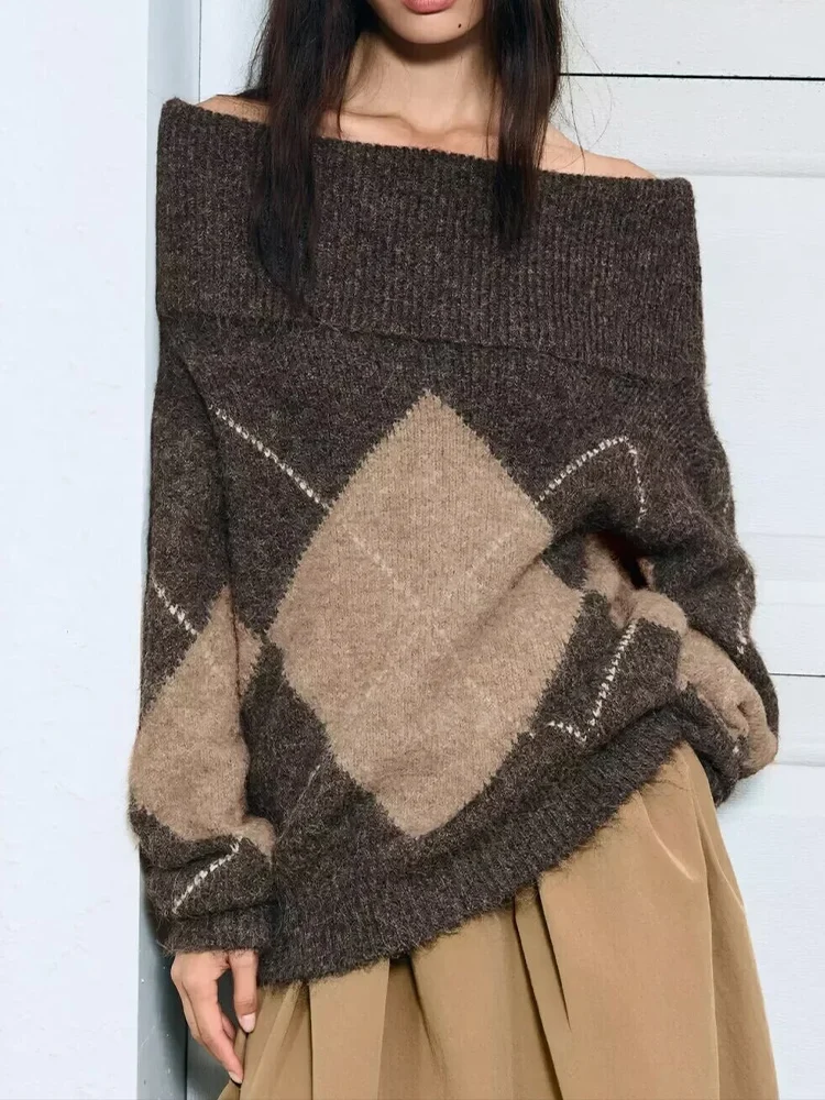 European and American style autumn new fashion women's diamond off-the-shoulder straight ribbed long-sleeved sweater