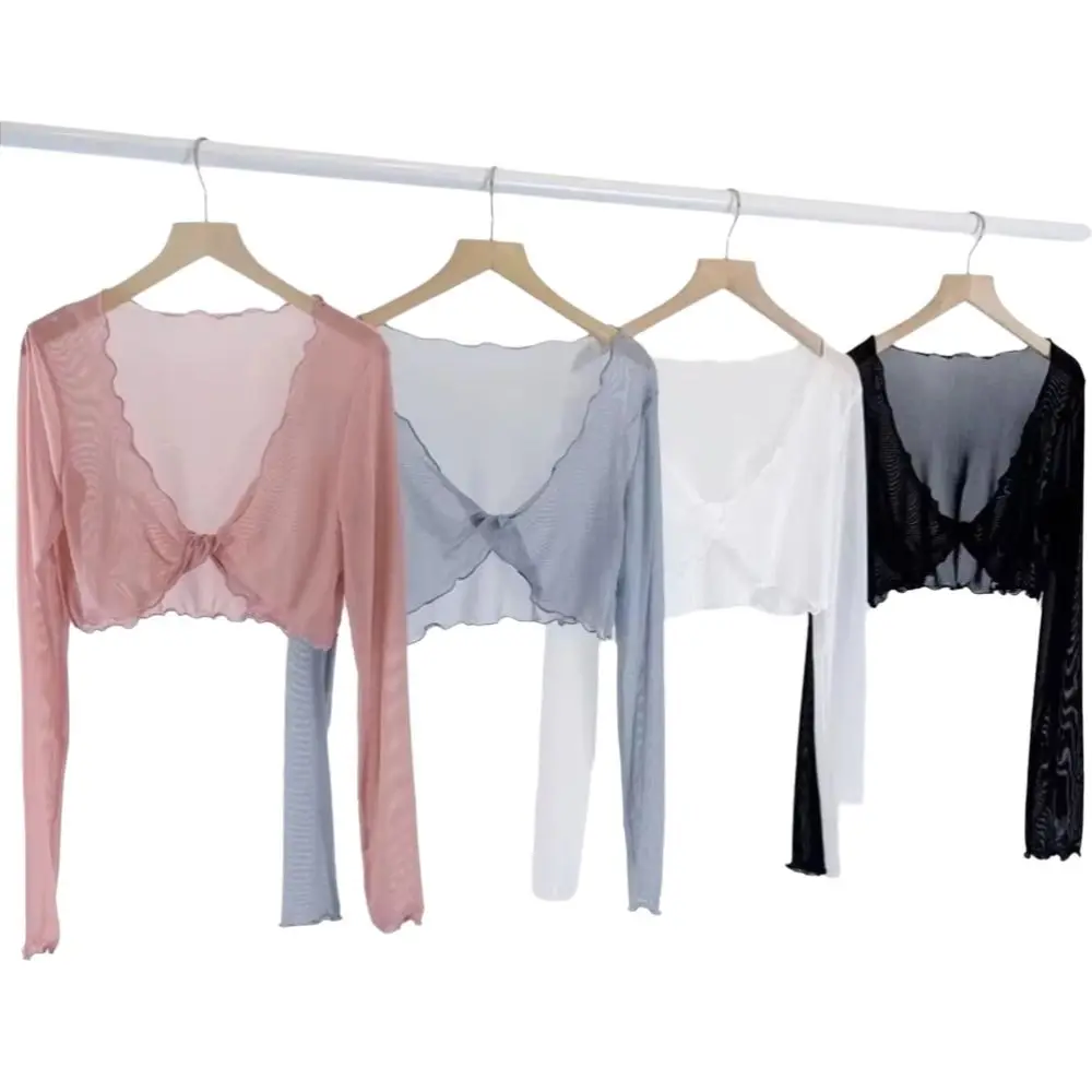 

Semi See Through Dance Tops Long Sleeve Lightweight Thin Tops Ruffled Edge Ballet Cardigan Yoga Stage Performance Cardigan Women