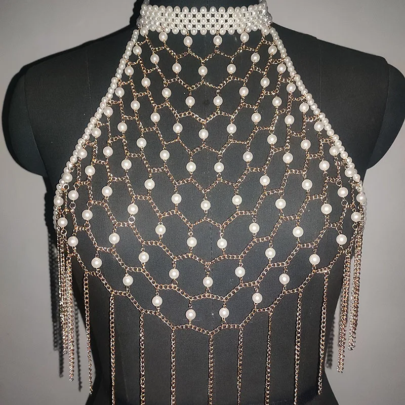 Pearl body chain trapezoidal sexy hollow metal chest chain fishing net perspective design