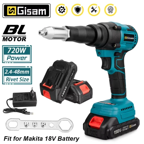 

Gisam 720W 20000N Brushless Electric Rivet Gun Cordless Rivet Nut Gun Power Display Auto Riveting Tool For Makita 18V Battery