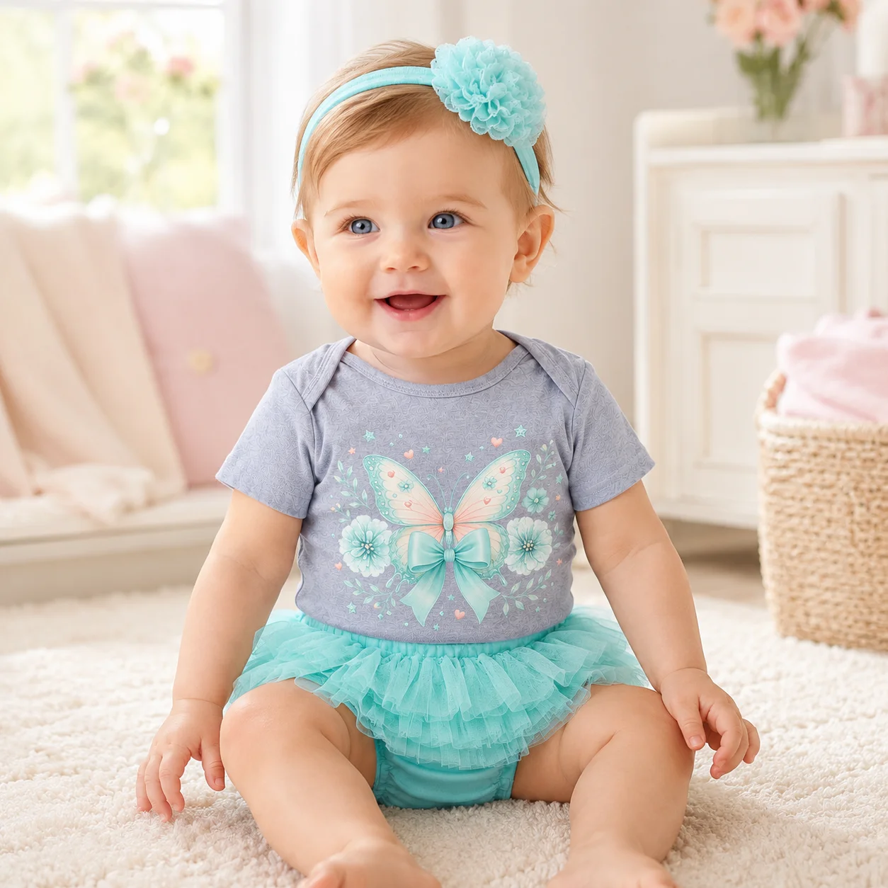 Conjunto de Tutú para Bebé Recién Nacida, Mono de Manga Corta con Estampado Floral y Mariposas, Falda de Tul Turquesa, Diadema con Flores