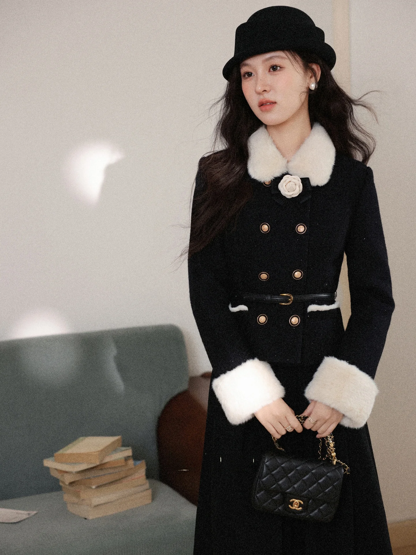 

Комплект: укороченное пальто и длинные брюки для женщин от Deer South, осенне-зимний, с поясом, с меховым воротником, повседневный, китайский бренд