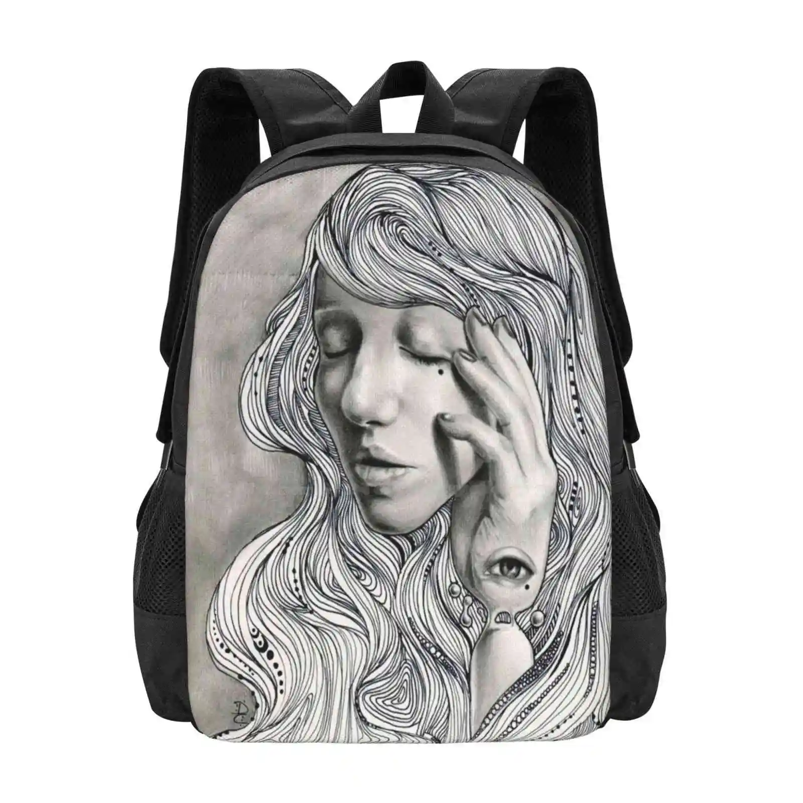 Trauer Muster Design Tasche Studenten Rucksack Tinte Bleistift Mythologie griechischen Mythos magische traurige weibliche Frau Auge surreale Fantasie