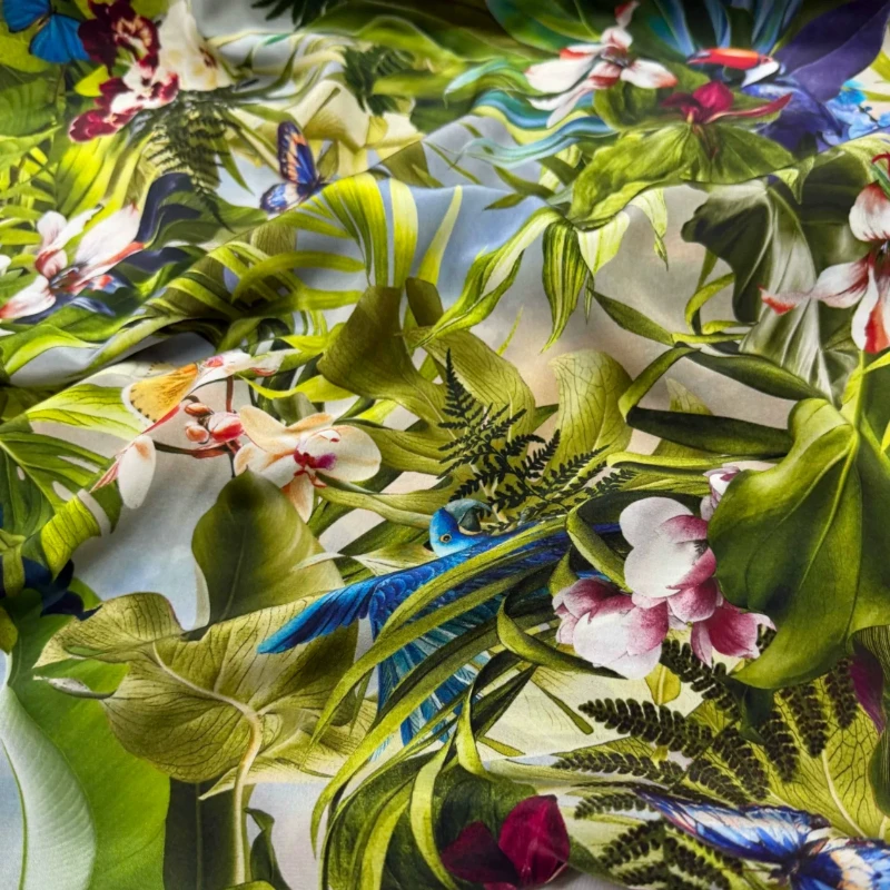 Mulberry Silk Crepe De Chine Fabric Green Leaf Print Opaque Smooth Drapey Summer for Dress Shirt DIY Sewing Accessories
