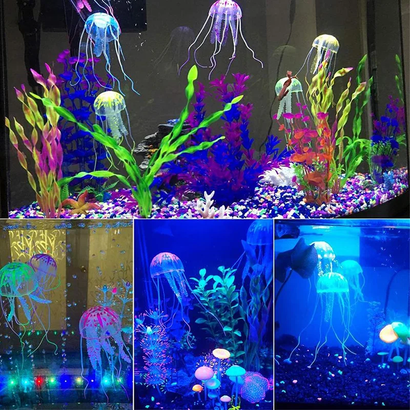 Aquarium Fish tank Landscape Ornament Floating Decoration Medium Size Colorful Fluorescent Silicon Artificial Glow Jellyfish