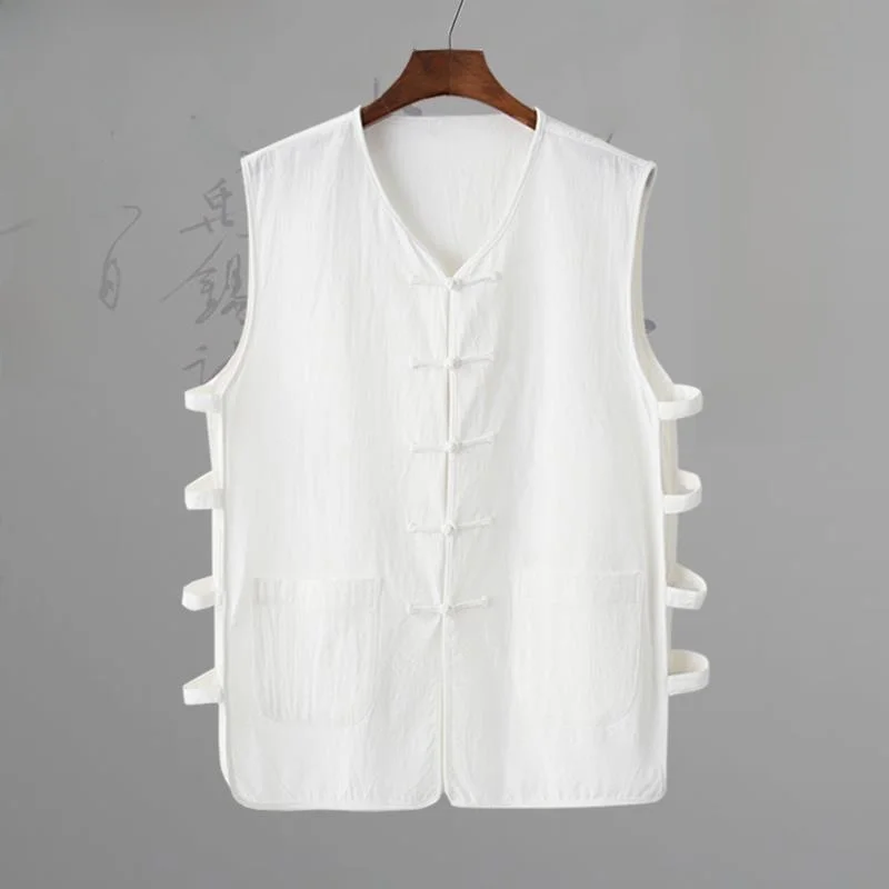 

Легкий летний китайский хлопково-льняной жилет-халат в стиле Тан с пуговицами, пекинский ханьский костюм для среднего и старшего возраста