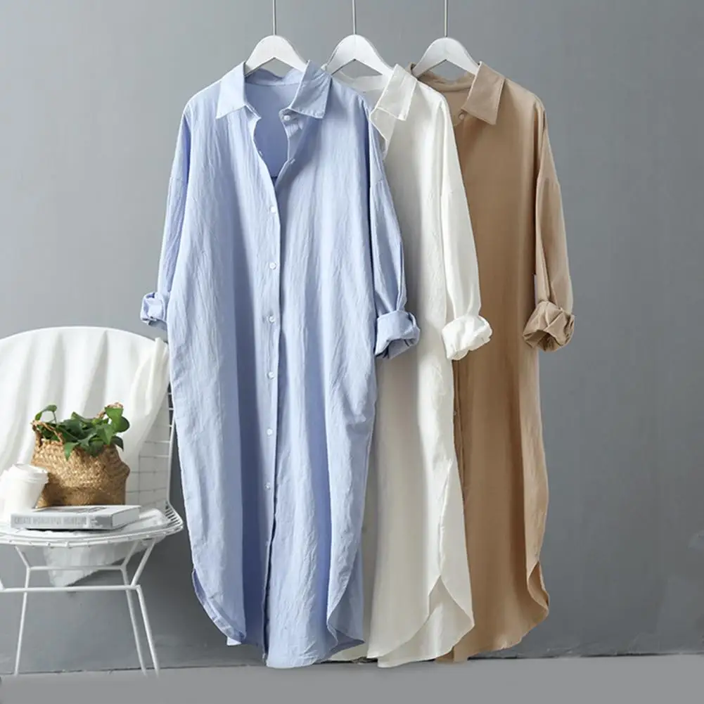 Women Long Shirt Dress Turn-Down Collar Long Sleeve Single Breasted Solid Color Summer Thin Sunscreen Beach Dress Shirts Tops