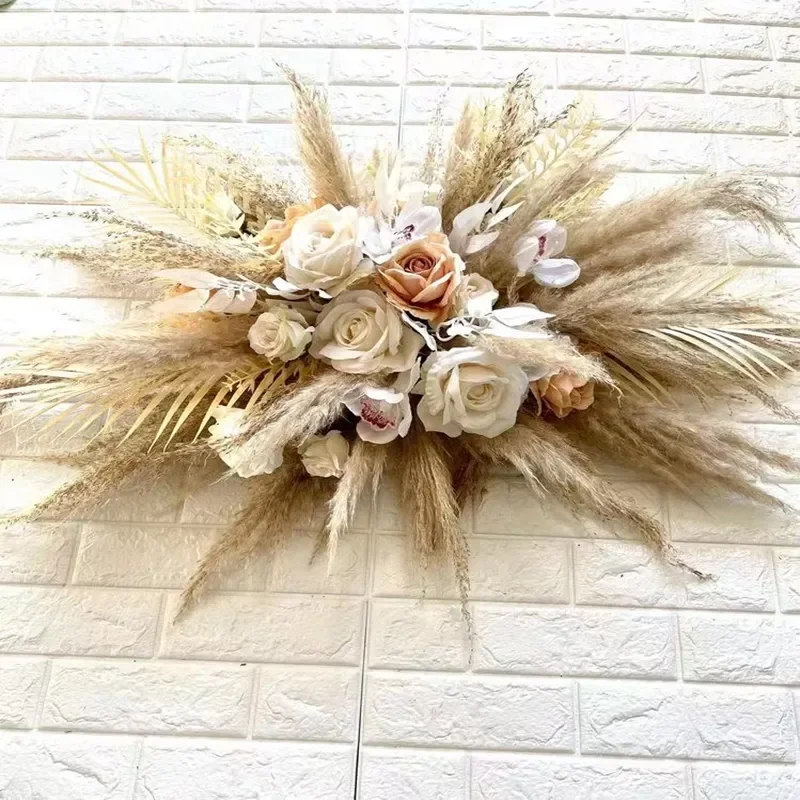 Dried Flower Wedding Arch Row Table Flower Pampas Grass Artificial Rose Boho Wedding Flower Arrangement Party Photo Display