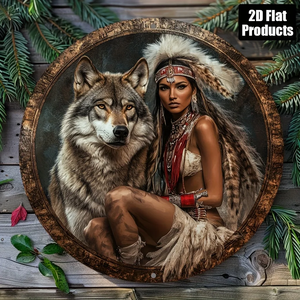 2D Flat Printing, One Piece at a Time, Round Wooden Sign Wall Art, Vintage Wooden Sign, Themed with Beauty and Wild Wolves