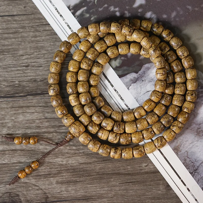 Dalagan Tiger Stripe Agarwood 108 Bead Bracelet, Irregular Shaped , Natural Honey Scented Buddhist Beads, Decorative Item f