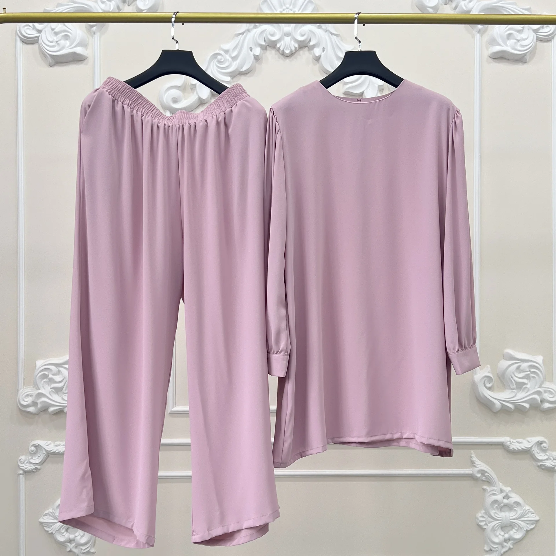 

Women Solid Color Tops Pants Set Muslim Outfits Islam Clothing Turkey Kaftan Dubai Abaya 2 Piece Dress Femme Musulmane Ensembles