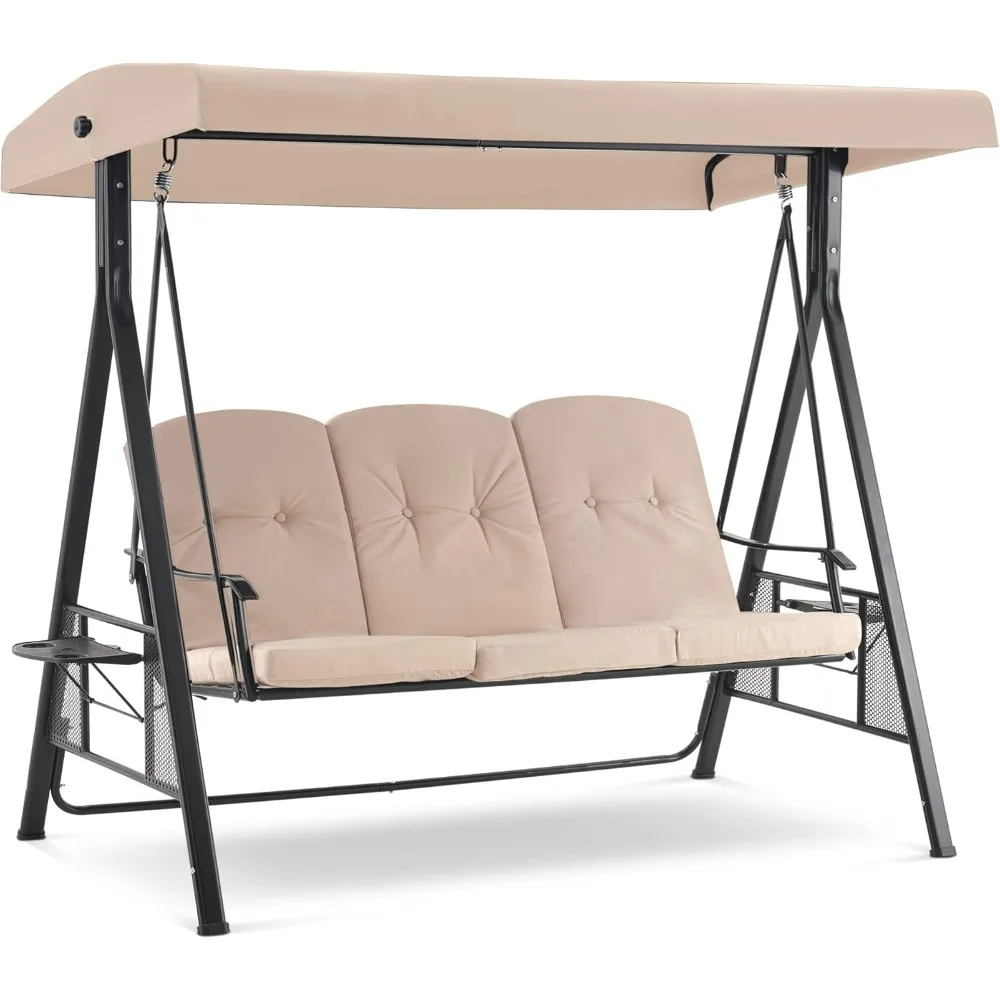 

3 Seat Patio Swings with Adjustable Canopy, Outdoor Porch Swing Chair with Stand for Backyard, Poolside, Balcony 4092 (Beige)