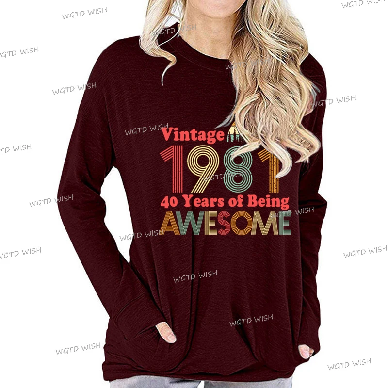 New Vintage 1981 Awesome T-shirts Women Crew Neck Long Sleeve T Shirt Loose Autumn Tees 1981 Year Birthday Graphics Tshirts