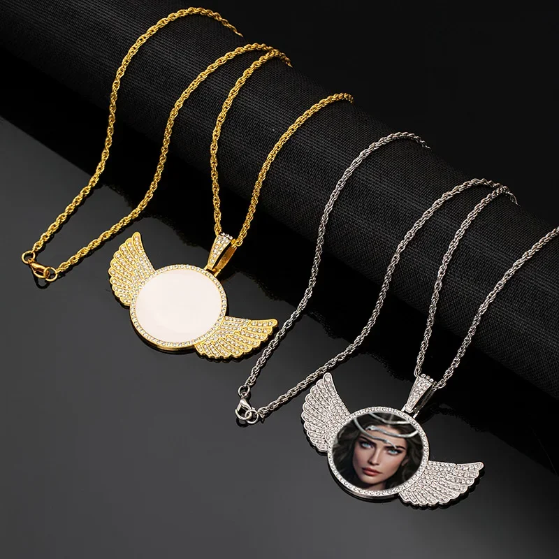 Spersonalizowany naszyjnik ze zdjęciem, kryształowe skrzydła anioła, prezent dla dziecka, mamy, taty, rodziny, na rocznicę, personalizowany naszyjnik z kaboszonem.