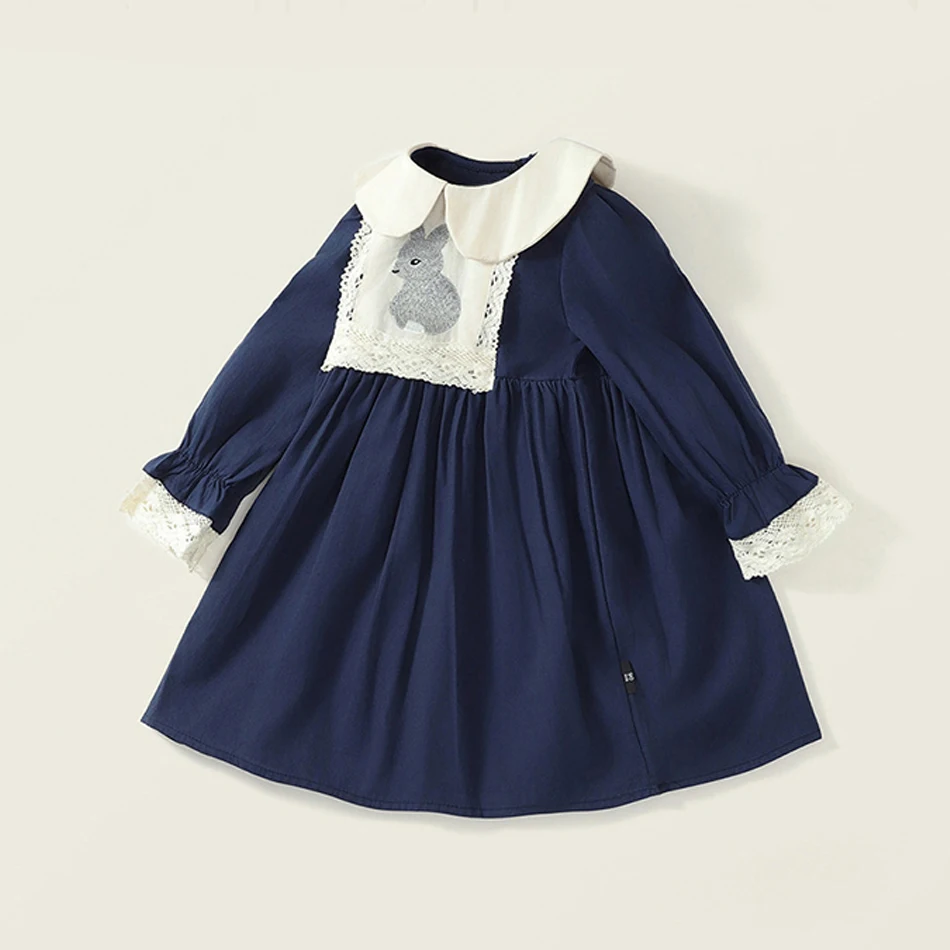 Charming Girls Long Sleeve Navy Blue Casual Dress Rabbit Embroidery Peter Pan Collar Perfect for Spring Autumn Fashion Statement