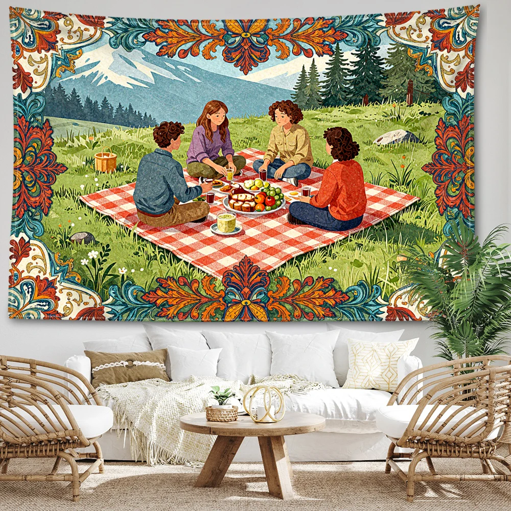 Ethnic Picnic Snow Mountain Forest Printed Tapestry Wall Hanging Bohemian Style Bedroom Home Decor