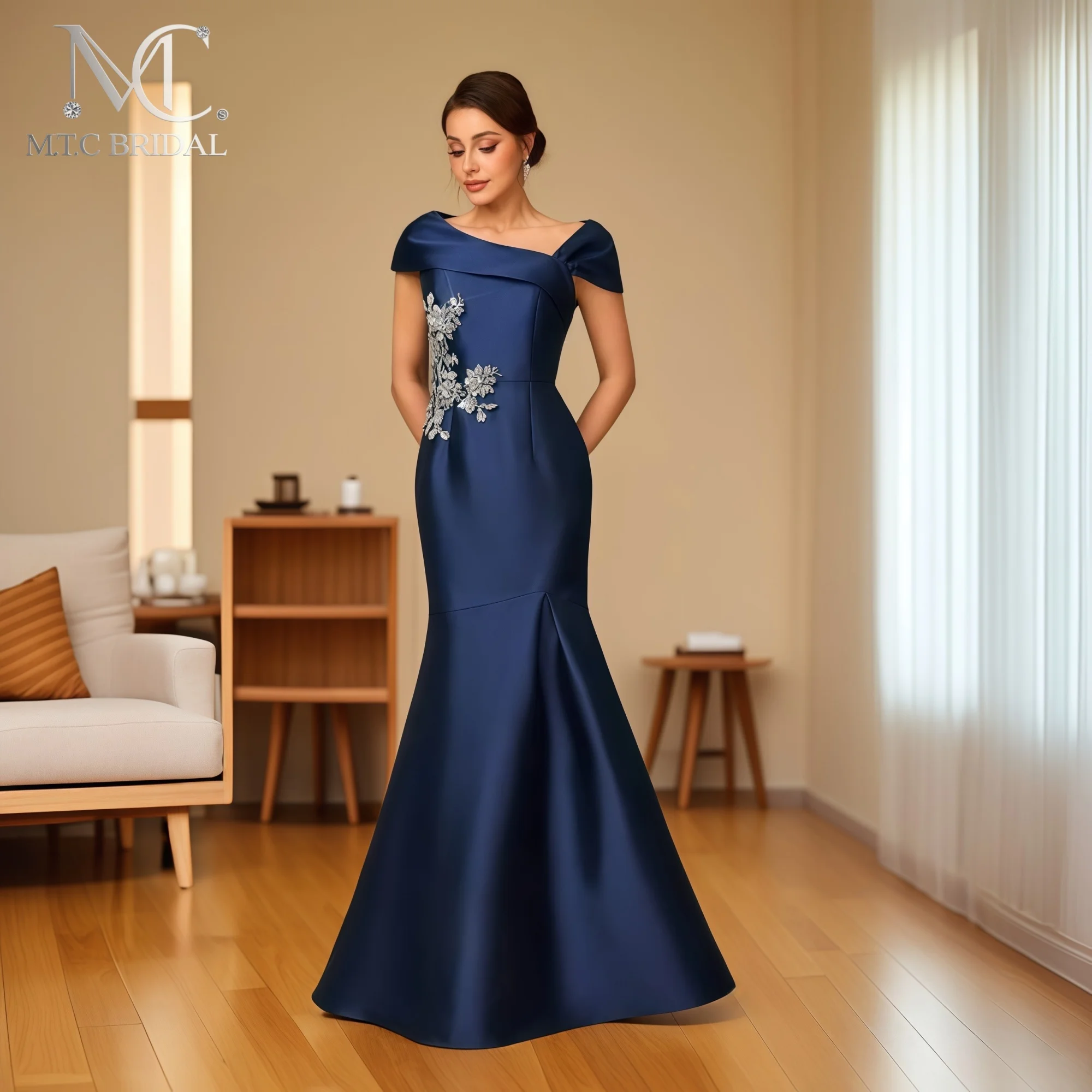 Elegant Navy Mermaid Long Mother Of The Birde Dresses For Wedding Party Silver Appliques Cape Sleeves Satin Women Gowns