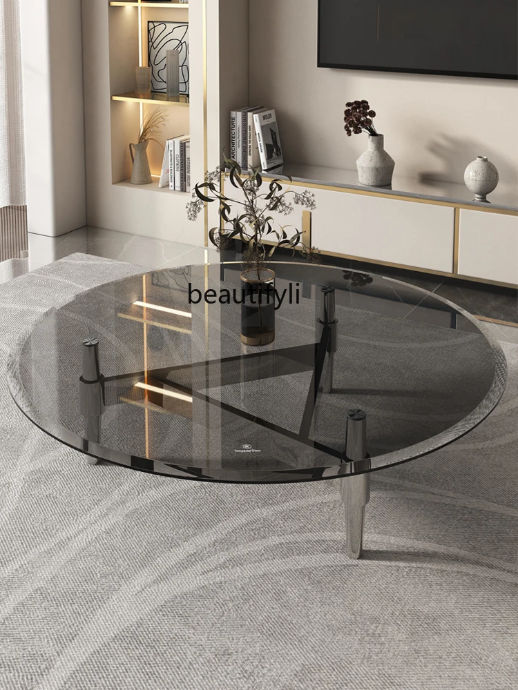 Light Luxury Tea Table Creative Stainless Steel round Tea Table Designer Tempered Gray Glass Tea Table