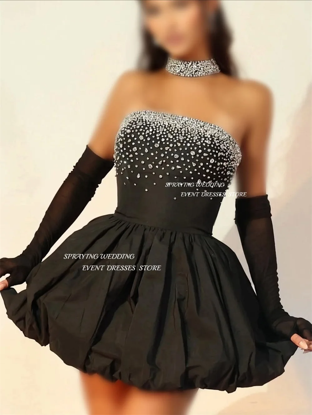 SPRAYING Preto Tafetá Mini Vestido de Aniversário de Luxo Strapless Diamante Vestido de Baile Uma Linha Curto Vestido de Festa de Aniversário Personalizado