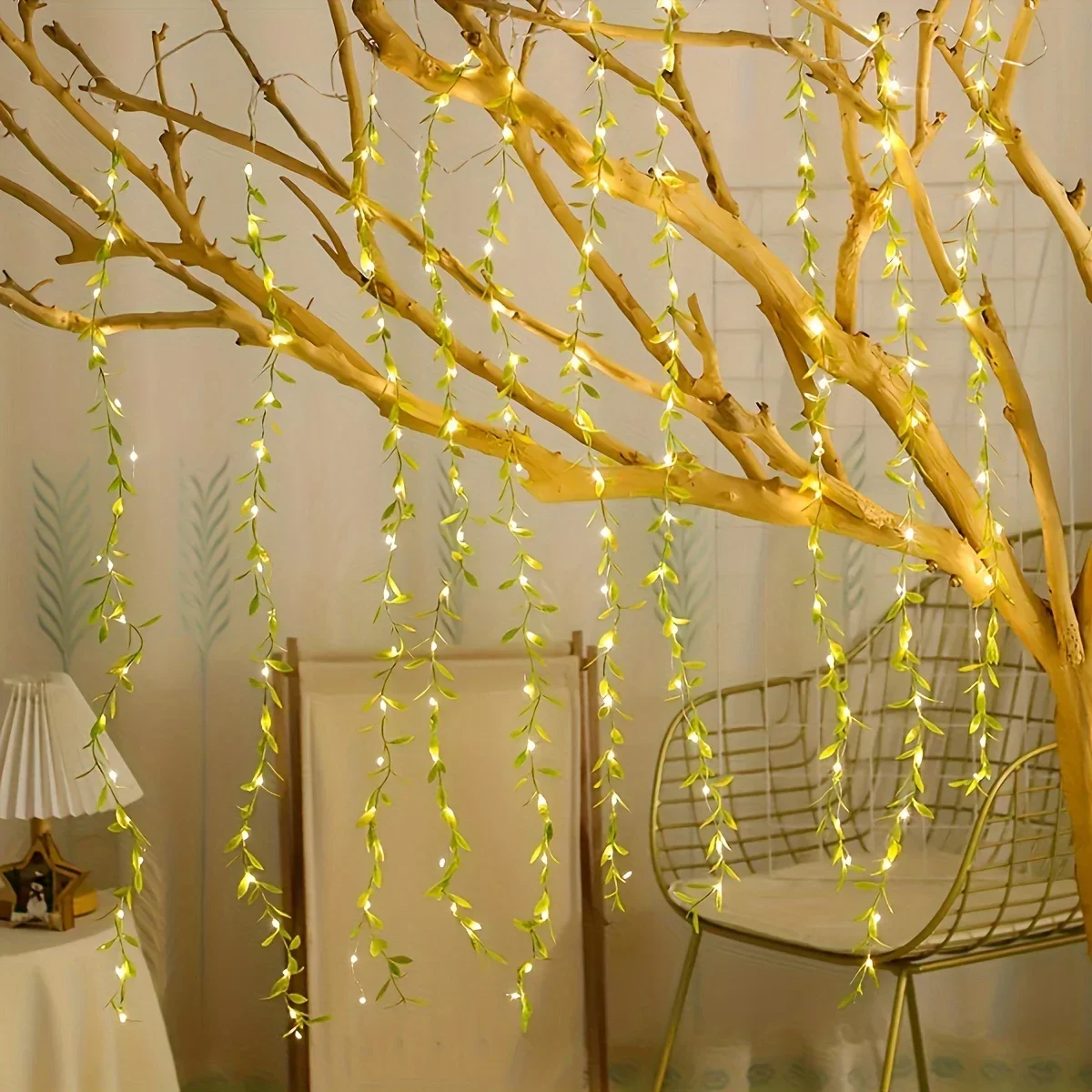 2M 20 Lamp Willow Curtain Vine Leaf Light String Imitation Leaf Waterproof Curtain Decorative Light for Living Rooms Courtyards