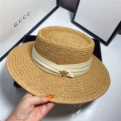 Summer Flat Top Straw Hat Little Bee Accessories Outdoor Sunshade French English Top Hat Sunscreen Beach Big Edge Straw Hat