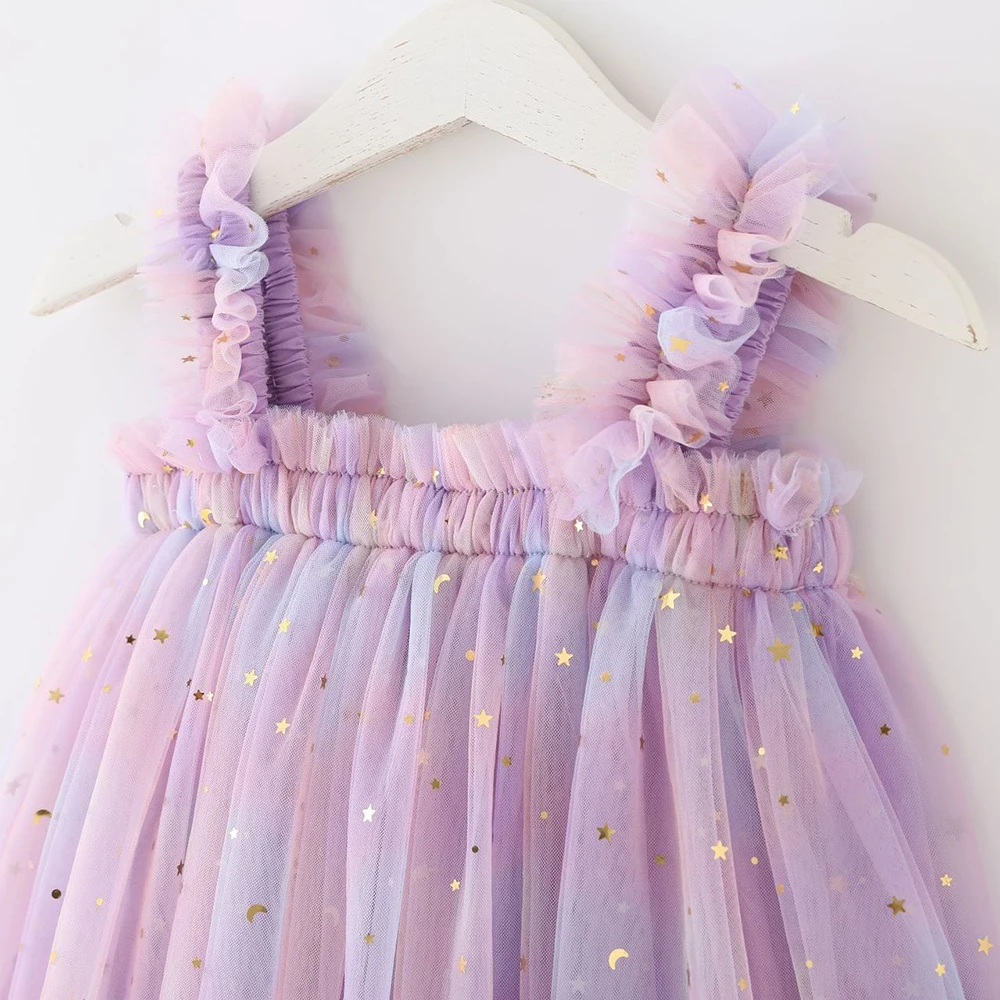 1-6T 2024 Toddler Baby Girl Princess Dress Rainbow Tulle Costume Fluffy Skirt Sleeveless Star Decal Strap Dress