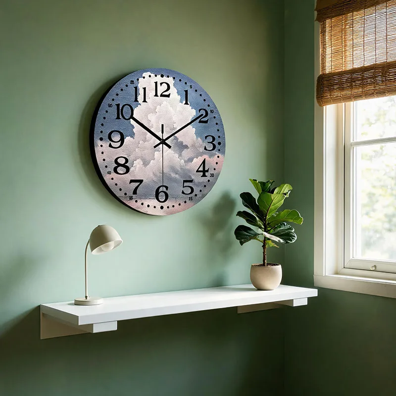 Night Light White Wind 12inch 29.3cm Wall Clock Paper Flash Silent Wall Mounted Clock for Bedroom Living Room Wallpaper