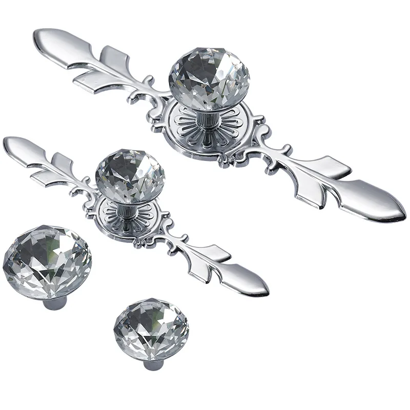 Clear Crystal Glass Dresser Knob Drawer Handle Silver Chrome Rhinestone Cabinet Door Handle with Back Plate furniture hardware