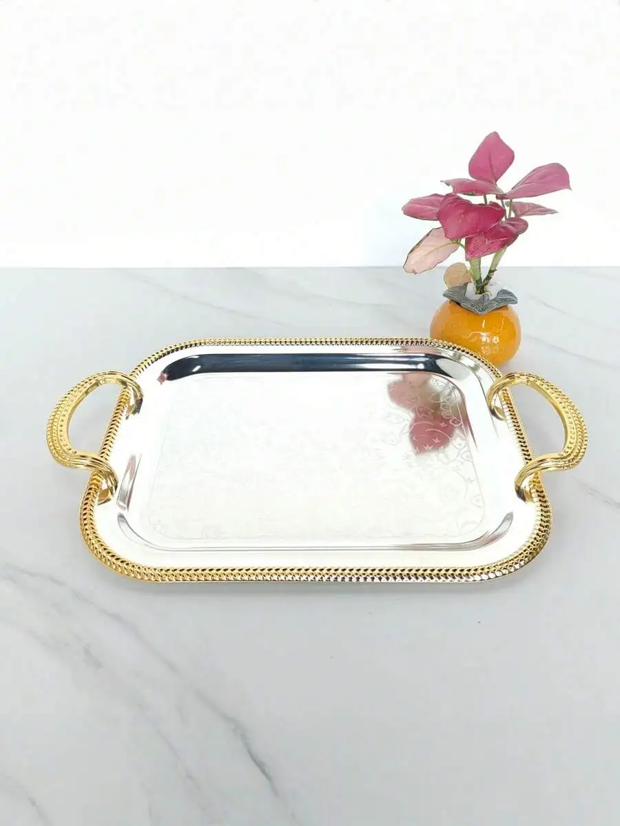 Luxury Two-Tone Iron Tray (1/2/3 Pieces): Silver Base, Gold Rim, Diamond Engraving; Suitable For Dining Tables/Weddings/Display