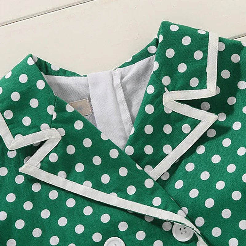 Bear Leader 2023 New Girls Summer Dress Short Sleeve Cotton Dot Green Retro Dress British Style Double Breasted Girls Dress